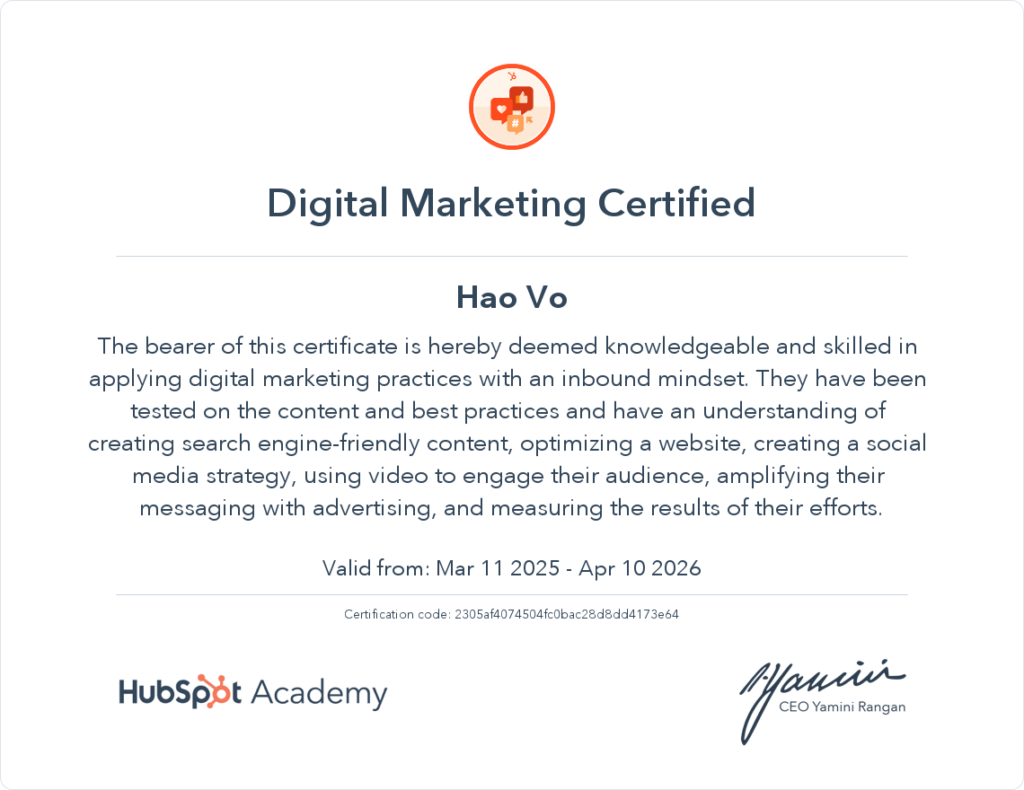 Digital Marketing Cert 2025 Hao Vo